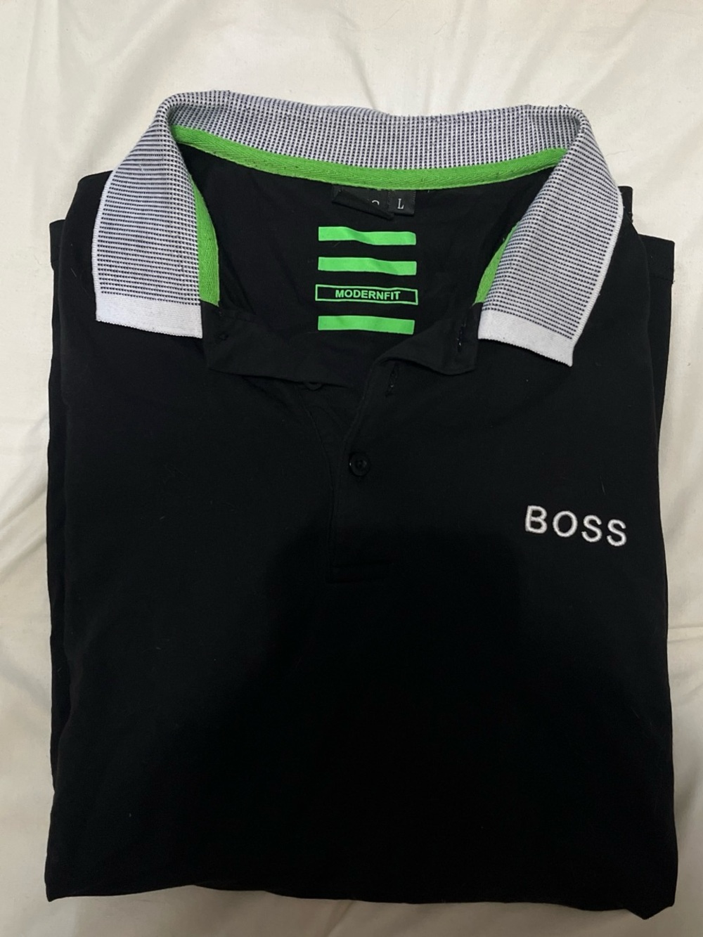 Boss Black Polo with White-Striped Collar and Green Trim